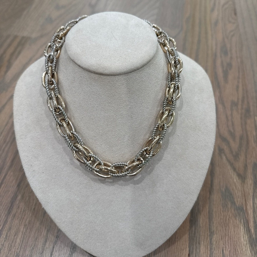 Gold and silver chain link necklace with bar clasp 16”